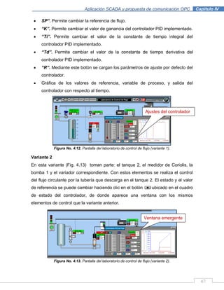 67
Aplicación SCADA y propuesta de comunicación OPC .Capítulo IV
SP”. Permite cambiar la referencia de flujo.
“K”. Permite cambiar el valor de ganancia del controlador PID implementado.
“Ti”. Permite cambiar el valor de la constante de tiempo integral del
controlador PID implementado.
“Td”. Permite cambiar el valor de la constante de tiempo derivativa del
controlador PID implementado.
“R”. Mediante este botón se cargan los parámetros de ajuste por defecto del
controlador.
Gráfica de los valores de referencia, variable de proceso, y salida del
controlador con respecto al tiempo.
Figura No. 4.12. Pantalla del laboratorio de control de flujo (variante 1).
Variante 2
En esta variante (Fig. 4.13) toman parte: el tanque 2, el medidor de Coriolis, la
bomba 1 y el variador correspondiente. Con estos elementos se realiza el control
del flujo circulante por la tubería que descarga en el tanque 2. El estado y el valor
de referencia se puede cambiar haciendo clic en el botón ubicado en el cuadro
de estado del controlador, de donde aparece una ventana con los mismos
elementos de control que la variante anterior.
Figura No. 4.13. Pantalla del laboratorio de control de flujo (variante 2).
Ventana emergente
Ajustes del controlador
 