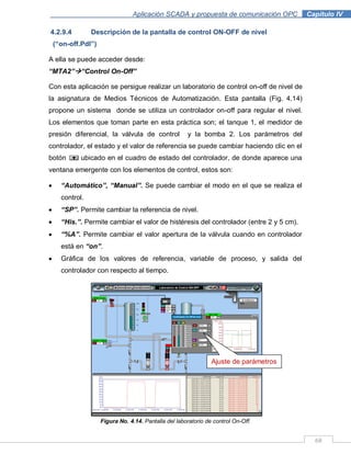 68
Aplicación SCADA y propuesta de comunicación OPC .Capítulo IV
4.2.9.4 Descripción de la pantalla de control ON-OFF de nivel
(“on-off.Pdl”)
A ella se puede acceder desde:
“MTA2”“Control On-Off”
Con esta aplicación se persigue realizar un laboratorio de control on-off de nivel de
la asignatura de Medios Técnicos de Automatización. Esta pantalla (Fig. 4.14)
propone un sistema donde se utiliza un controlador on-off para regular el nivel.
Los elementos que toman parte en esta práctica son; el tanque 1, el medidor de
presión diferencial, la válvula de control y la bomba 2. Los parámetros del
controlador, el estado y el valor de referencia se puede cambiar haciendo clic en el
botón ubicado en el cuadro de estado del controlador, de donde aparece una
ventana emergente con los elementos de control, estos son:
“Automático”, “Manual”. Se puede cambiar el modo en el que se realiza el
control.
“SP”. Permite cambiar la referencia de nivel.
“His.”. Permite cambiar el valor de histéresis del controlador (entre 2 y 5 cm).
“%A”. Permite cambiar el valor apertura de la válvula cuando en controlador
está en “on”.
Gráfica de los valores de referencia, variable de proceso, y salida del
controlador con respecto al tiempo.
Figura No. 4.14. Pantalla del laboratorio de control On-Off.
Ajuste de parámetros
 