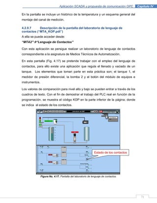 71
Aplicación SCADA y propuesta de comunicación OPC .Capítulo IV
En la pantalla se incluye un histórico de la temperatura y un esquema general del
montaje del canal de medición.
4.2.9.7 Descripción de la pantalla del laboratorio de lenguaje de
contactos (“MTA_KOP.pdl‟‟)
A ella se puede acceder desde:
“MTA2”“Lenguaje de Contactos”
Con esta aplicación se persigue realizar un laboratorio de lenguaje de contactos
correspondiente a la asignatura de Medios Técnicos de Automatización.
En esta pantalla (Fig. 4.17) se pretende trabajar con el empleo del lenguaje de
contactos, para ello existe una aplicación que regula el llenado y vaciado de un
tanque. Los elementos que toman parte en esta práctica son; el tanque 1, el
medidor de presión diferencial, la bomba 2 y el botón del módulo de equipos e
instrumentos.
Los valores de comparación para nivel alto y bajo se pueden entrar a través de los
cuadros de texto. Con el fin de demostrar el trabajo del PLC real en función de la
programación, se muestra el código KOP en la parte inferior de la página; donde
se indica el estado de los contactos.
Figura No. 4.17. Pantalla del laboratorio de lenguaje de contactos.
Estado de los contactos
 