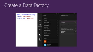 New-AzureDataFactory
-Name “HaloTelemetry“
-Location “West-US“
New-AzureDataFactory
-Name “DW-Demo2“
-Location “West-US“
 