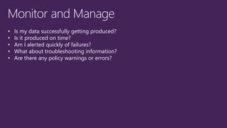 • Is my data successfully getting produced?
• Is it produced on time?
• Am I alerted quickly of failures?
• What about troubleshooting information?
• Are there any policy warnings or errors?
 