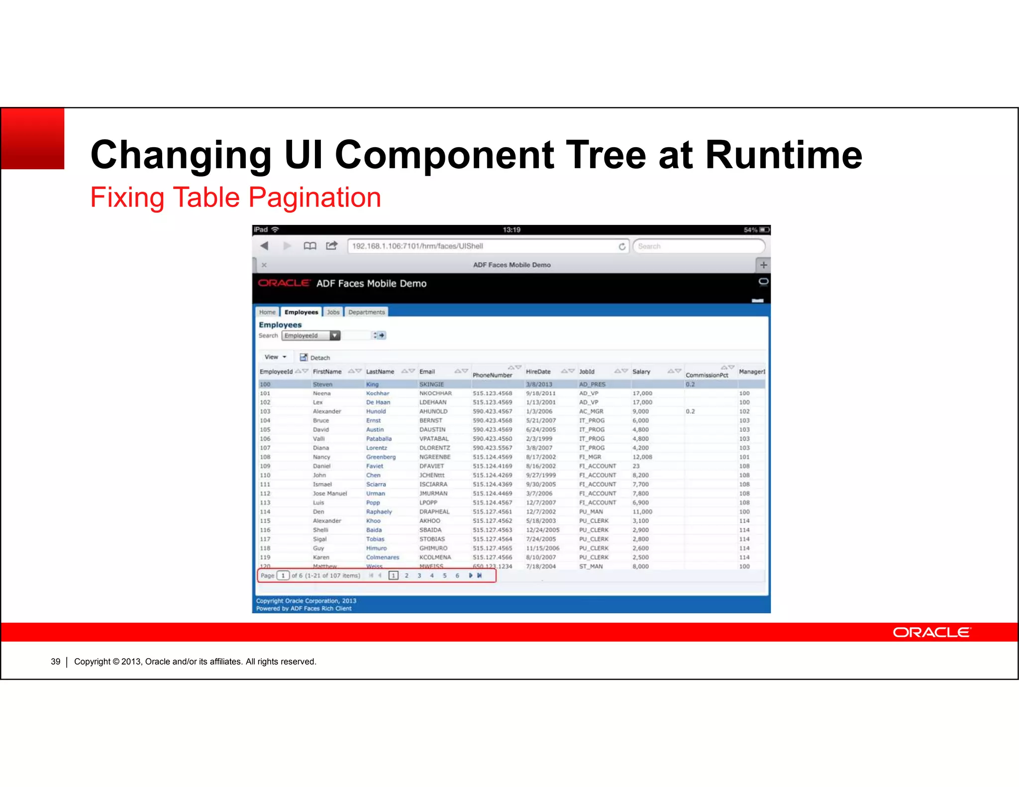 Changing UI Component Tree at Runtime
Fixing Table Pagination
Copyright © 2013, Oracle and/or its affiliates. All rights reserved.39
 