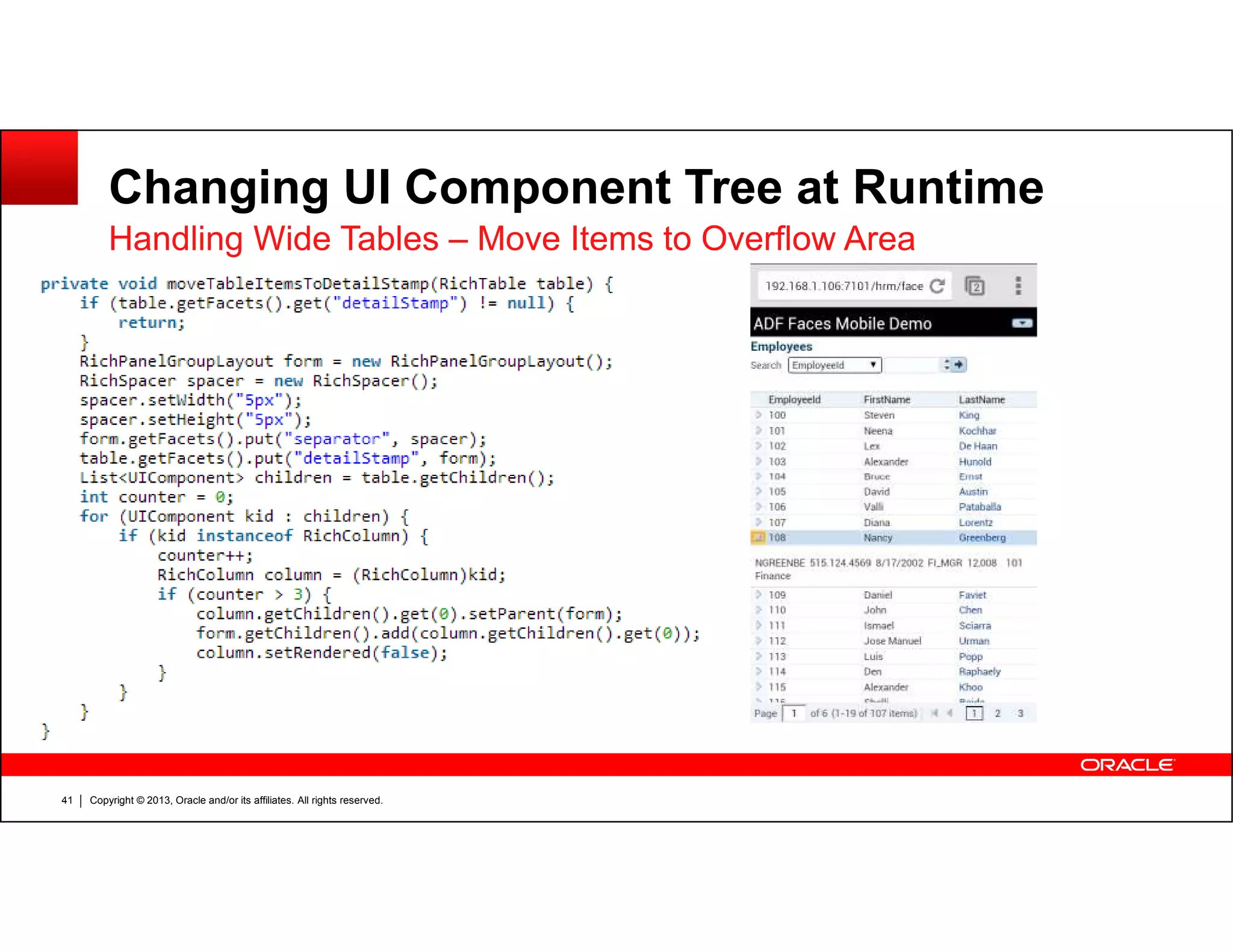 Changing UI Component Tree at Runtime
Handling Wide Tables – Move Items to Overflow Area
Copyright © 2013, Oracle and/or its affiliates. All rights reserved.41
 