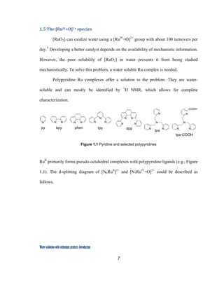 7
 
Water oxidation with ruthenium catalysts: Introduction
1.5 The [RuIV=O]2+ species
[RuO2] can oxidize water using a [RuIV
=O]2+
group with about 100 turnovers per
day.5
Developing a better catalyst depends on the availability of mechanistic information.
However, the poor solubility of [RuO2] in water prevents it from being studied
mechanistically. To solve this problem, a water soluble Ru complex is needed.
Polypyridine Ru complexes offer a solution to the problem. They are water-
soluble and can mostly be identified by 1
H NMR, which allows for complete
characterization.
N
N N
N
N
N N
N
COOH
tpa-COOH
tpa
N N N N N N
N
N
N N
N N
py bpy phen tpy dpp
 
Figure 1.1 Pyridine and selected polypyridines
RuII
primarily forms pseudo-octahedral complexes with polypyridine ligands (e.g., Figure
1.1). The d-splitting diagram of [N6RuII
]2+
and [N5RuIV
=O]2+
could be described as
follows. 
 
 
 
 
 
 