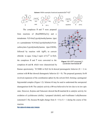 10
 
Water oxidation with ruthenium catalysts: Introduction
2 eq Ce4+
D2O
2 eq Ce4+
D2O
RuII
N
N
N
N
H2O
OH2
RuIV
N
N
N
N
O
RuII
N
N
N
N
O
O
OH2
RuIV
N
N
N
N
O
O
OOH2
axial equatorial
Scheme 1.10 An example of axial and equatorial [RuIV
=O]2+
5 6 7 8
(S=1)
(S=O)
 
The complexes 5 and 7 were prepared
from reactions of [Ru(DMSO)4Cl2] and a
tetradentate N,N-bis(2-pyridylmethyl)amine (tpa)
or a pentadentate N,N-bis(2-pyridylmethyl)-N-(6-
carboxylato-2-pyridylmethyl)amine (tpa-COOH),
followed by reaction with AgPF6 to convert
chloride to aqua. Using 2 equiv of CeIV
in D2O,
the complexes 5 and 7 were converted to the
complexes 6 and 8, which were characterized by
Raman spectrometry. 1
H NMR in D2O for 6 showed paramagnetic behavior (S = 1) in
contrast with 8 that showed diamagnetic behavior (S = 0). The proposed geometry for 8
involved expansion of the coordination sphere by the solvent D2O, forming a pentagonal
bipyramidal complex (Figure 1.2). Scheme 6f may be used to understand the unexpected
diamagnetism for 8. The catalytic activity of 8 was believed to be low due to its low spin
state. However, Kojima and Fukuzumi showed that 8 matched 6 in catalytic activity for
oxidation of cyclohexene (olefin), 1-propanol (alcohol), and 4-sulfonate-1-ethylbenzene
(saturated C–H), because 8 might change from S = 0 to S = 1 during the course of the
reaction.  
Figure 1.2 A DFT-proposed 7-
coordinate intermediate 88b
 