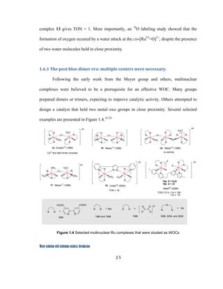 15
 
Water oxidation with ruthenium catalysts: Introduction
complex 13 gives TON = 1. More importantly, an 18
O labeling study showed that the
formation of oxygen occured by a water attack at the cis-[RuVI
=O]2+
, despite the presence
of two water molecules held in close proximity.
 
1.6.1 The post blue dimer era: multiple centers were necessary. 
Following the early work from the Meyer group and others, multinuclear
complexes were believed to be a prerequisite for an effective WOC. Many groups
prepared dimers or trimers, expecting to improve catalytic activity. Others attempted to
design a catalyst that held two metal–oxo groups in close proximity. Several selected
examples are presented in Figure 1.4.16-20
Ru
N
N O
OH2
N
N
Ru
N
N
N
H2O
N
4+
Ru
N
N
N
N
N
Ru
N
N
N
N
N
4+
Ru
H2O
N O
N
OH2
N
Ru
N
N
OH2
H2O
N
4+
Ru
N
N O
OH2
N
N
Ru
N
N
O
N
N
4+
Ru
N
N
H2O
N
N
Gratzel16
(1989)
Meyer17
(1998)
Meyer18
(1986)
N N N N
Ru
N OH2
N
N
Ru
H2O N
N
N
3+
Llobet19
(2004)
Ru
O
N O
N
O
N
Ru
N
N
O
O
N
Meyer17
(1998)
N N
N N =
N N = O O =
O
O
O
O
2-
N
N
N
=
HOOC COOH
1989 1986 and 1998
bpy tpy
1998 1998, 2004, and 2009
X
X
Sakai20
(2009)
TON (12 h) 11a = 106
11b = 75
TON = 18
CoIII
and light-driven process no activity
14 15 16
17 18
19a X = H2O
19b X = Cl
 
Figure 1.4 Selected multinuclear Ru complexes that were studied as WOCs
 