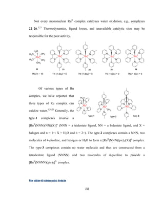 18
 
Water oxidation with ruthenium catalysts: Introduction
Not every mononuclear RuII
complex catalyzes water oxidation, e.g., complexes
22–26.5,23
Thermodynamics, ligand losses, and unavailable catalytic sites may be
responsible for the poor activity.
N
N
RuII
N
N
N
N
N
N
RuII
N
N
N
N
N
N
N
N
N
N
RuII
N
N
N
N
N
N
RuII
TN (1 day) = 0TN (1 day) = 0 TN (1 day) = 0 TN (1 day) = 0
H2O
H2O
OH2
H2O
OH2
OH2
RuIII
TN (?) ~ 10
22 23 24 25 26
 
Of various types of Ru
complex, we have reported that
three types of Ru complex can
oxidize water.5,20,23
Generally, the
type-1 complexes involve a
[RuII
(NNN)(NN)(X)]n
(NNN = a tridentate ligand, NN = a bidentate ligand, and X =
halogen and n = 1+; X = H2O and n = 2+). The type-2 complexes contain a NNN, two
molecules of 4-picoline, and halogen or H2O to form a [RuII
(NNN)(pic)2(X)]n
complex.
The type-3 complexes contain no water molecule and thus are constructed from a
tetradentate ligand (NNNN) and two molecules of 4-picoline to provide a
[RuII
(NNNN)(pic)2]2+
complex.
N
N
N
RuII
H2O
N
N
N
N
N
RuII
N
N
OH2
N N
NN
N
N
RuII
type-1 type-2 type-3
 