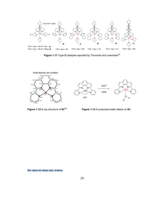 26
 
Water oxidation with ruthenium catalysts: Introduction
N N
NN
N N
NN
NN
N N
NN
N N
NN
NN
N N
NN
NN
TON (1 day) = 281 TON (1 day) = 146 TON (1 day) = 213 TON (1 day) = 396
R R
N N
NN
NN
TON (1 day) = 384
N
N
RuII
TON (1 day) = 403 (R = Me)
N
N
RuII
N
N
RuII
N
N
RuII
N
N
RuII
N
N
RuII
TON (1 day) = 186 (R = NMe2)
Thummel24
(2008)
64
66 67 68 69 70
65  
Figure 1.11 Type-3 catalysts reported by Thummel and coworkers24
N N
NN
RuII
123o
2CeIV
N N
NN
RuIV
O
H
H
Axial ligands are omitted.
water
Figure 1.12 X-ray structure of 6334a
Figure 1.13 A proposed water attack on 63
 
 