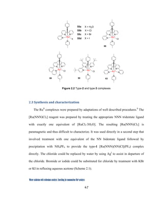 47
 
Water oxidation with ruthenium catalysts: Searching for mononuclear RuII catalysts 
N
N
N
N
N N
N
N
N
RuII
RuII
N
Cl
Cl
N
N
N
N
N
ClRuII
N
N
N
N
N
RuII
X
88
89 90
55b
X = H2O
X = Cl
55a
55c
55d
X = Br
X = I
N
N
N
N
N
RuII
N
63
 
Figure 2.2 Type-2 and type-3 complexes
2.3 Synthesis and characterization 
The RuII
complexes were prepared by adaptations of well described procedures.8
The
[Ru(NNN)Cl3] reagent was prepared by treating the appropriate NNN tridentate ligand
with exactly one equivalent of [RuCl3·3H2O]. The resulting [Ru(NNN)Cl3] is
paramagnetic and thus difficult to characterize. It was used directly in a second step that
involved treatment with one equivalent of the NN bidentate ligand followed by
precipitation with NH4PF6 to provide the type-1 [Ru(NNN)(NN)Cl](PF6) complex
directly. The chloride could be replaced by water by using AgI
to assist in departure of
the chloride. Bromide or iodide could be substituted for chloride by treatment with KBr
or KI in refluxing aqueous acetone (Scheme 2.1).
 