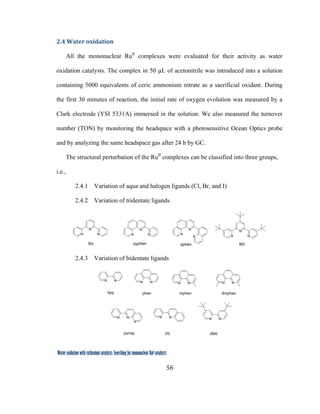 56
 
Water oxidation with ruthenium catalysts: Searching for mononuclear RuII catalysts 
2.4 Water oxidation 
All the mononuclear RuII
complexes were evaluated for their activity as water
oxidation catalysts. The complex in 50 µL of acetonitrile was introduced into a solution
containing 5000 equivalents of ceric ammonium nitrate as a sacrificial oxidant. During
the first 30 minutes of reaction, the initial rate of oxygen evolution was measured by a
Clark electrode (YSI 5331A) immersed in the solution. We also measured the turnover
number (TON) by monitoring the headspace with a photosensitive Ocean Optics probe
and by analyzing the same headspace gas after 24 h by GC.
The structural perturbation of the RuII
complexes can be classified into three groups,
i.e.,
2.4.1 Variation of aqua and halogen ligands (Cl, Br, and I)
2.4.2 Variation of tridentate ligands
N
NN
N
NN
N
N
N
N
NN
tpy pyphen qphen ttbt
2.4.3 Variation of bidentate ligands
N N N N
N N
N
N N
N N
bpy phen
pynap pq dtbb
N N N N
mphen dmphen
 