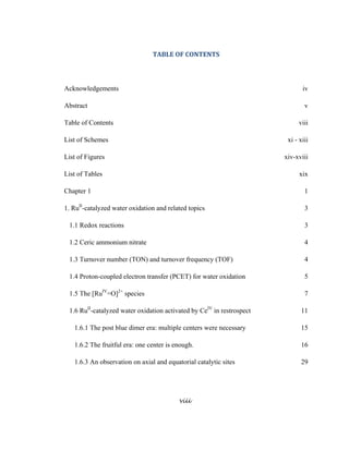 viii
 
TABLE	OF	CONTENTS	
Acknowledgements iv
Abstract v
Table of Contents viii
List of Schemes xi - xiii
List of Figures xiv-xviii
List of Tables xix
Chapter 1 1
1. RuII
-catalyzed water oxidation and related topics 3
1.1 Redox reactions 3
1.2 Ceric ammonium nitrate 4
1.3 Turnover number (TON) and turnover frequency (TOF) 4
1.4 Proton-coupled electron transfer (PCET) for water oxidation 5
1.5 The [RuIV
=O]2+
species 7
1.6 RuII
-catalyzed water oxidation activated by CeIV
in restrospect 11
1.6.1 The post blue dimer era: multiple centers were necessary 15
1.6.2 The fruitful era: one center is enough. 16
1.6.3 An observation on axial and equatorial catalytic sites 29
 
 