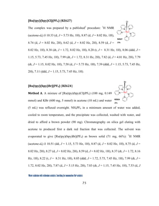 75
 
Water oxidation with ruthenium catalysts: Searching for mononuclear RuII catalysts 
[Ru(tpy)(bpy)Cl](PF6) (RZ627)  
The complex was prepared by a published2
procedure: 1
H NMR
(acetone-d6) δ 10.33 (d, J = 5.73 Hz, 1H), 8.87 (d, J = 8.02 Hz, 1H),
8.74 (d, J = 8.02 Hz, 2H), 8.62 (d, J = 8.02 Hz, 2H), 8.59 (d, J =
8.02 Hz, 1H), 8.38 (dt, J = 1.72, 8.02 Hz, 1H), 8.20 (t, J = 8.31 Hz, 1H), 8.06 (ddd, J =
1.15, 5.73, 7.45 Hz, 1H), 7.99 (dt, J = 1.72, 8.31 Hz, 2H), 7.82 (d, J = 4.01 Hz, 2H), 7.79
(dt, J = 1.15, 8.02 Hz, 1H), 7.58 (d, J = 5.73 Hz, 1H), 7.39 (ddd, J = 1.15, 5.73, 7.45 Hz,
2H), 7.11 (ddd, J = 1.15, 5.73, 7.45 Hz, 1H).
[Ru(tpy)(bpy)Br](PF6) (RZ624)  
Method A. A mixture of [Ru(tpy)(bpy)Cl](PF6) (100 mg, 0.149
mmol) and KBr (600 mg, 5 mmol) in acetone (10 mL) and water
(5 mL) was refluxed overnight. NH4PF6 in a minimum amount of water was added,
cooled to room temperature, and the precipitate was collected, washed with water, and
dried to afford a brown powder (90 mg). Chromatography on silica gel eluting with
acetone to produced first a dark red fraction that was collected. The solvent was
evaporated to give [Ru(tpy)(bpy)Br](PF6) as brown solid (71 mg, 66%): 1
H NMR
(acetone-d6) δ 10.51 (dd, J = 1.15, 5.73 Hz, 1H), 8.87 (d, J = 8.02 Hz, 1H), 8.75 (d, J =
8.02 Hz, 2H), 8.27 (d, J = 8.02 Hz, 2H), 8.59 (d, J = 8.02 Hz, 1H), 8.37 (dt, J = 1.72, 8.16
Hz, 1H), 8.22 (t, J = 8.31 Hz, 1H), 8.05 (ddd, J = 1.72, 5.73, 7.45 Hz, 1H), 7.99 (dt, J =
1.72, 8.02 Hz, 2H), 7.87 (d, J = 5.15 Hz, 2H), 7.83 (dt, J = 1.15, 7.45 Hz, 1H), 7.53 (d, J
N
N
N
N
N
RuII
Cl
RZ627
27b
N
N
N
N
N
RuII
Br
RZ624
27c
 