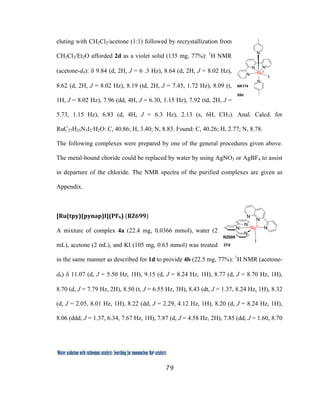 79
 
Water oxidation with ruthenium catalysts: Searching for mononuclear RuII catalysts 
eluting with CH2Cl2/acetone (1:1) followed by recrystallization from
CH2Cl2/Et2O afforded 2d as a violet solid (135 mg, 77%): 1
H NMR
(acetone-d6): δ 9.84 (d, 2H, J = 6 .3 Hz), 8.64 (d, 2H, J = 8.02 Hz),
8.62 (d, 2H, J = 8.02 Hz), 8.19 (td, 2H, J = 7.45, 1.72 Hz), 8.09 (t,
1H, J = 8.02 Hz), 7.96 (dd, 4H, J = 6.30, 1.15 Hz), 7.92 (td, 2H, J =
5.73, 1.15 Hz), 6.83 (d, 4H, J = 6.3 Hz), 2.13 (s, 6H, CH3). Anal. Calcd. for
RuC27H25N5I2·H2O: C, 40.86; H, 3.40; N, 8.83. Found: C, 40.26; H, 2.77; N, 8.78.
The following complexes were prepared by one of the general procedures given above.
The metal-bound choride could be replaced by water by using AgNO3 or AgBF4 to assist
in departure of the chloride. The NMR spectra of the purified complexes are given as
Appendix.
 
[Ru(tpy)(pynap)I](PF6) (RZ699)  
A mixture of complex 4a (22.4 mg, 0.0366 mmol), water (2
mL), acetone (2 mL), and KI (105 mg, 0.63 mmol) was treated
in the same manner as described for 1d to provide 4b (22.5 mg, 77%): 1
H NMR (acetone-
d6) δ 11.07 (d, J = 5.50 Hz, 1H), 9.15 (d, J = 8.24 Hz, 1H), 8.77 (d, J = 8.70 Hz, 1H),
8.70 (d, J = 7.79 Hz, 2H), 8.50 (t, J = 6.55 Hz, 3H), 8.43 (dt, J = 1.37, 8.24 Hz, 1H), 8.32
(d, J = 2.05, 8.01 Hz, 1H), 8.22 (dd, J = 2.29, 4.12 Hz, 1H), 8.20 (d, J = 8.24 Hz, 1H),
8.06 (ddd, J = 1.37, 6.34, 7.67 Hz, 1H), 7.87 (d, J = 4.58 Hz, 2H), 7.85 (dd, J = 1.60, 8.70
N
N
N
N
N
RuII
I
55d
NK174
N
N
N
N
N
NRuII
I
RZ699
37d
 