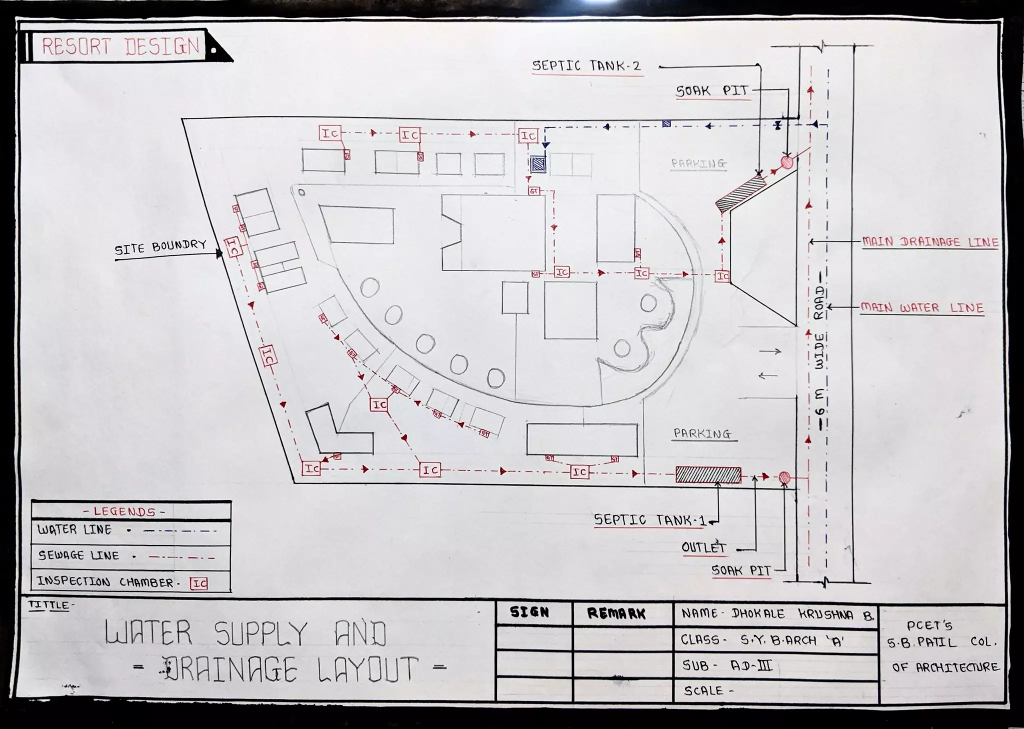 RESURT DESIGN
SEPTIC TANK-2
SOBK PIT-
N.
-
PARKI) &
-MAIN DRAINAGE LINE
SITE BOUNDRY
-mAIN UATER LTNE
O
ooO PARKING
-C
-LEGENDS-
SEPTICTANK1-
wATER LINE
OUTLET
SEWGGE INE
SORK PIT
INSPECTION CHAMBER L
TITTLE STGN REMARK NAME DHOKALE KRUSHNA 8. pCET's
LUATER SUPPLY AND
-RAINAGE LAYOUT
CLASS SY BRCH S-8.PATIL COL.
SUB A-I OF ARCHITECTURE
SCALE
 