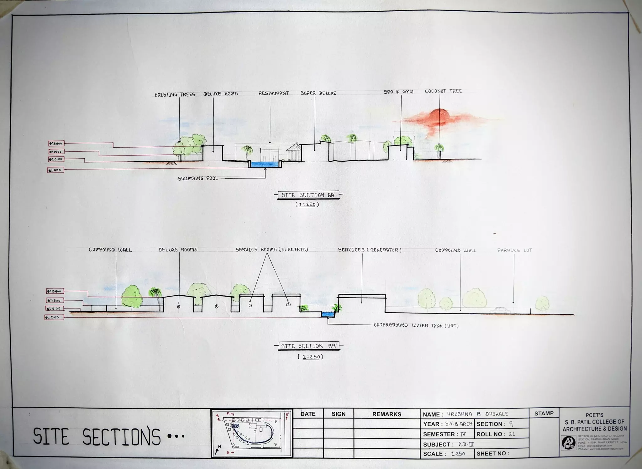 RESTAURANT SUPER DELUXE SPA & GYM COCONUT TREE
EXISTING TREES DELUXE ROOM
L
et1500
0.00
SuIMMING POOL
SITE SECTION AA
(1:250)
ComPoUND WALL DELUXE ROOM5 SERVICE ROOMS (ELECTRIC) SERVICES (GENERATOR ) COmeoUND wALL PRRHIN& LOT
0.00
500E
UNDERGROUND ATER TANK (UGT)
SITE SECTION B8
C1:250)
5
NAME: KRUSHNA 8.DHOKALE
YEAR: SY8 DRCH |SECTION: A
SEMESTER:V ROLLNO:21
SUBJECT: AD I
SCALE 1250SHEETNO:
DATE SIGN REMARKS STAMP PCET'S
S. B. PATIL COLLEGE OF
SITE SECTIONS
ARCHITECTURE & DESIGN
CTOR 26, NEARAKURDI RAILWAY
TATION, PRADHIKARAN, NIGDI,
UNE
Website www.sopatiarcnitectuire.cot
 