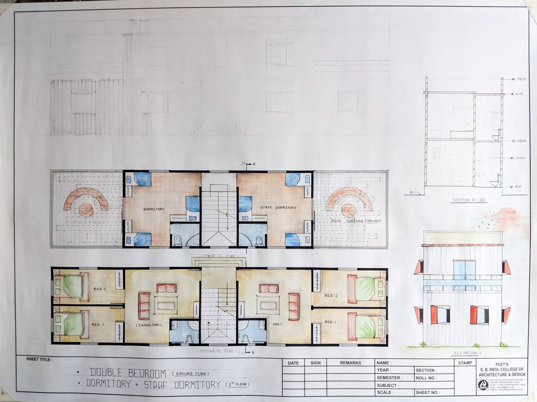 7820
S600
2.700
9 600
SECTTON AT AA
DORMITORY
STAFF DORMITORY
DECK SETING (GA2EB0)
RS F P N
IL
BED-2
BED 2
BED-
BED- LTUING/HALL HALL
GROUND FL PLAN A
ELEVATION-
SHEET TITLE
DATE SIGN REMARKs NAME STAMP PCET'S
.
DUUBLE BEDROOM GROUND FLOOR)
YEAR: S. B. PATIL COLLEGE OF
SECTION
|ROLL NO0
ARCHITECTURE & DESIGN
SEMESTER
DORMITORY STARF JORMITORY (ne) SUBJECT: UNE-411044, MAHARASHTRA, INDIA
Website: www.stbpatilarchitecture.com
om
SCALE SHEETNO
 