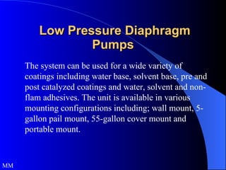 Low Pressure Diaphragm Pumps The system can be used for a wide variety of coatings including water base, solvent base, pre and post catalyzed coatings and water, solvent and non-flam adhesives. The unit is available in various mounting configurations including; wall mount, 5-gallon pail mount, 55-gallon cover mount and portable mount. MM 