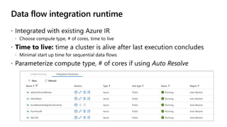 Data flow integration runtime
 Integrated with existing Azure IR
 Choose compute type, # of cores, time to live
 Time t...