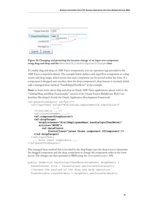 Building Customizable Oracle ADF Business Applications with Oracle Metadata Services (MDS)
25
Figure 10: Changing and persisting the location change of an input text component
using drag and drop and the ReorderChildrenComponentChange class
To enable drag and drop on ADF Faces components, you use operation tags provided in the
ADF Faces component library. The example below defines each inputText component as a drag
source and drop target, which means that each component can be moved within the form. If a
component is dropped onto another, then the drop component’s drop listener is invoked, which
calls a managed bean method, “handleInputTextMove” in the example.
Note: to learn more about drag and drop in Oracle ADF Faces applications, please refer to the
“Adding Drag and Drop Functionality” section of the Oracle Fusion Middleware Web User
Interface Developer's Guide for Oracle Application Development Framework
<af:panelFormLayout id="pfl1">
<af:inputText value="#{bindings.DepartmentId.inputValue}"
...>
<f:validator .../>
<af:convertNumber .../>
<af:componentDragSource/>
<af:dropTarget
dropListener="#{allEmployeesBean.handleInputTextMove}"
actions="MOVE">
<af:dataFlavor
flavorClass="javax.faces.component.UIComponent"/>
</af:dropTarget>
</af:inputText>
... more input components ...
</af:panelFormLayout>
The managed bean method that is invoked by the dropTarget uses the drop event to determine
the dragged component and the drop component to change the component order in the form
layout. The changes are then persisted in MDS using the ChangeManager API.
public DnDAction handleInputTextMove(DropEvent dropEvent) {
FacesContext fctx = FacesContext.getCurrentInstance();
//access the payload of the drag and drop operation
Transferable transferable = dropEvent.getTransferable();
 