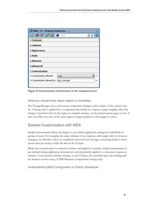Building Customizable Oracle ADF Business Applications with Oracle Metadata Services (MDS)
29
Figure 11: Customization authorization on the component level
What you should know about regions or templates
The ChangeManager saves and restores component changes in the context of the current view
Id. A change that is applied for a component that resides in a region or page template, then this
change is persisted only for the region or template instance on the current parent page or view. It
does not affect any uses of the same region or page template in other pages or views.
Seeded Customization with MDS
Seeded customization allows developers to pre-define application settings for individuals or
groups of users. For example, the salary attribute of an employee table might only be shown to
managers, for all other roles it is completely removed from the page, something which is more
secure than just trying to hide the data in the UI layer.
While user customization is created at runtime and applied at runtime, seeded customization is
pre-defined during application development and dynamically applied to a document request at
runtime. Customization includes changes on the UI layer, the controller layer, the binding and
the business services layer, if ADF Business Components is being used.
Understanding MDS Configuration in Oracle JDeveloper
 
