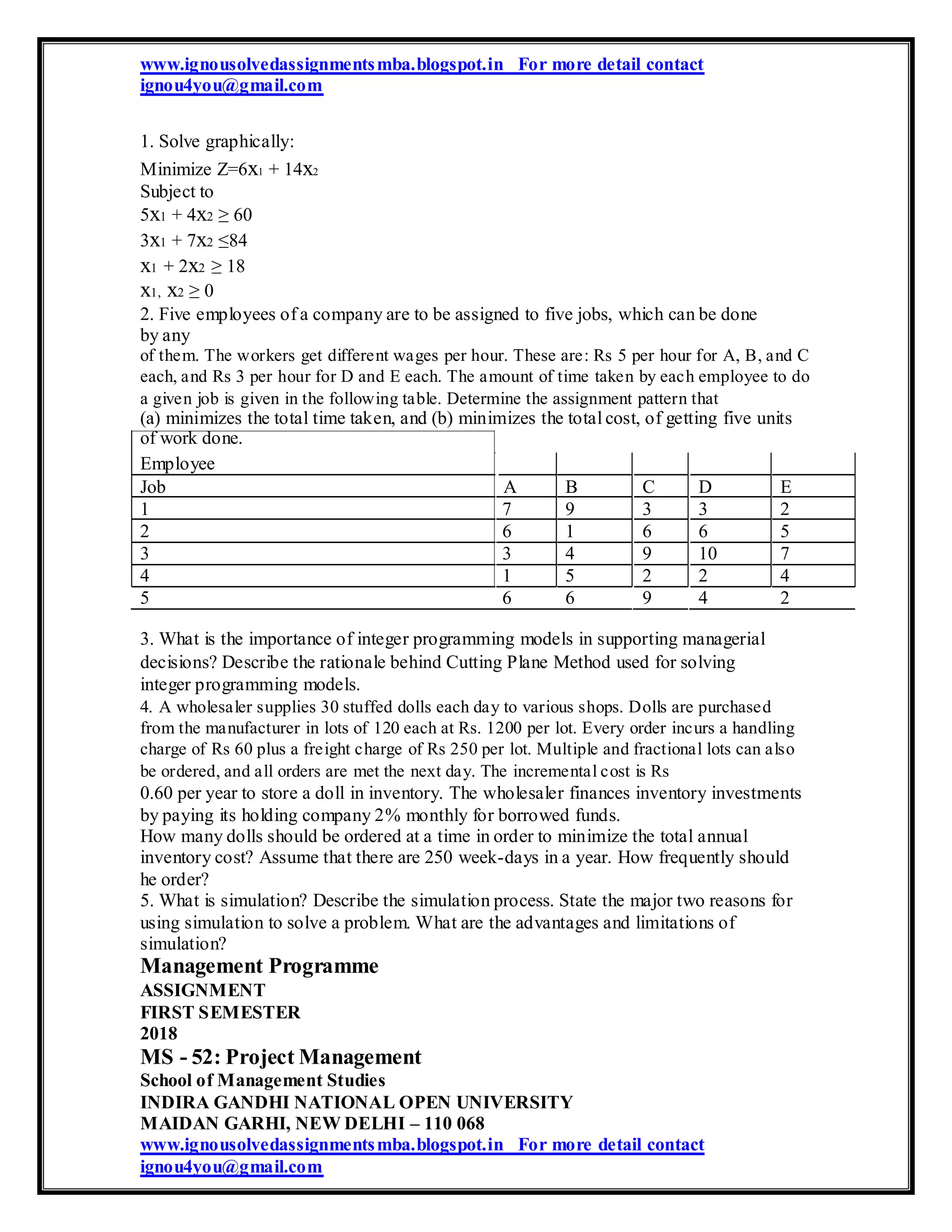 www.ignousolvedassignmentsmba.blogspot.in For more detail contact
ignou4you@gmail.com
1. Solve graphically:
Minimize Z=6x1 + 14x2
Subject to
5x1 + 4x2 ≥ 60
3x1 + 7x2 ≤84
x1 + 2x2 ≥ 18
x1, x2 ≥ 0
2. Five employees of a company are to be assigned to five jobs, which can be done
by any
of them. The workers get different wages per hour. These are: Rs 5 per hour for A, B, and C
each, and Rs 3 per hour for D and E each. The amount of time taken by each employee to do
a given job is given in the following table. Determine the assignment pattern that
(a) minimizes the total time taken, and (b) minimizes the total cost, of getting five units
of work done.
Employee
Job A B C D E
1 7 9 3 3 2
2 6 1 6 6 5
3 3 4 9 10 7
4 1 5 2 2 4
5 6 6 9 4 2
3. What is the importance of integer programming models in supporting managerial
decisions? Describe the rationale behind Cutting Plane Method used for solving
integer programming models.
4. A wholesaler supplies 30 stuffed dolls each day to various shops. Dolls are purchased
from the manufacturer in lots of 120 each at Rs. 1200 per lot. Every order incurs a handling
charge of Rs 60 plus a freight charge of Rs 250 per lot. Multiple and fractional lots can also
be ordered, and all orders are met the next day. The incremental cost is Rs
0.60 per year to store a doll in inventory. The wholesaler finances inventory investments
by paying its holding company 2% monthly for borrowed funds.
How many dolls should be ordered at a time in order to minimize the total annual
inventory cost? Assume that there are 250 week-days in a year. How frequently should
he order?
5. What is simulation? Describe the simulation process. State the major two reasons for
using simulation to solve a problem. What are the advantages and limitations of
simulation?
Management Programme
ASSIGNMENT
FIRST SEMESTER
2018
MS - 52: Project Management
School of Management Studies
INDIRA GANDHI NATIONAL OPEN UNIVERSITY
MAIDAN GARHI, NEW DELHI – 110 068
www.ignousolvedassignmentsmba.blogspot.in For more detail contact
ignou4you@gmail.com
 