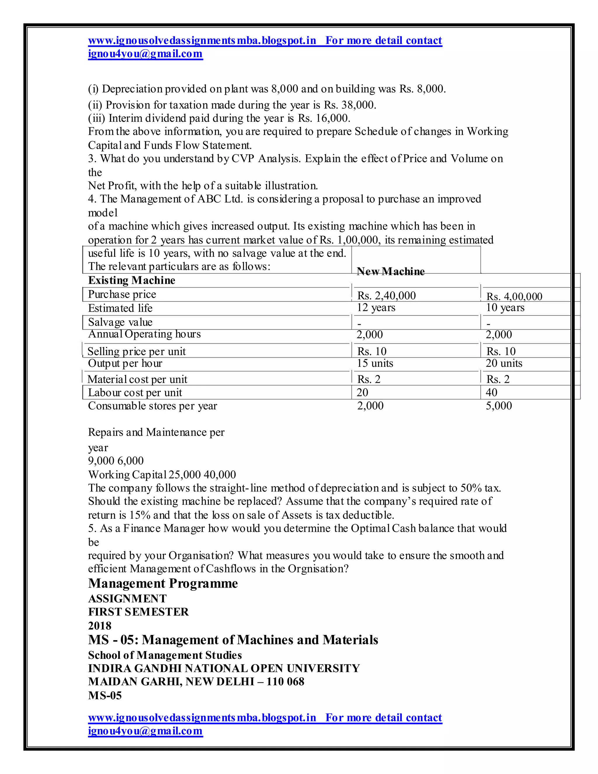 www.ignousolvedassignmentsmba.blogspot.in For more detail contact
ignou4you@gmail.com
(i) Depreciation provided on plant was 8,000 and on building was Rs. 8,000.
(ii) Provision for taxation made during the year is Rs. 38,000.
(iii) Interim dividend paid during the year is Rs. 16,000.
From the above information, you are required to prepare Schedule of changes in Working
Capital and Funds Flow Statement.
3. What do you understand by CVP Analysis. Explain the effect of Price and Volume on
the
Net Profit, with the help of a suitable illustration.
4. The Management of ABC Ltd. is considering a proposal to purchase an improved
model
of a machine which gives increased output. Its existing machine which has been in
operation for 2 years has current market value of Rs. 1,00,000, its remaining estimated
useful life is 10 years, with no salvage value at the end.
The relevant particulars are as follows:
Existing Machine
Purchase price
Estimated life
Salvage value
Annual Operating hours
Selling price per unit
Output per hour
Material cost per unit
Labour cost per unit
Consumable stores per year
New Machine
Rs. 2,40,000
12 years
-
2,000
Rs. 10
15 units
Rs. 2
20
2,000
Rs. 4,00,000
10 years
-
2,000
Rs. 10
20 units
Rs. 2
40
5,000
Repairs and Maintenance per
year
9,000 6,000
Working Capital 25,000 40,000
The company follows the straight-line method of depreciation and is subject to 50% tax.
Should the existing machine be replaced? Assume that the company’s required rate of
return is 15% and that the loss on sale of Assets is tax deductible.
5. As a Finance Manager how would you determine the Optimal Cash balance that would
be
required by your Organisation? What measures you would take to ensure the smooth and
efficient Management of Cashflows in the Orgnisation?
Management Programme
ASSIGNMENT
FIRST SEMESTER
2018
MS - 05: Management of Machines and Materials
School of Management Studies
INDIRA GANDHI NATIONAL OPEN UNIVERSITY
MAIDAN GARHI, NEW DELHI – 110 068
MS-05
www.ignousolvedassignmentsmba.blogspot.in For more detail contact
ignou4you@gmail.com
 