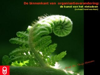 de kunst van het nietsdoen
(is heel hard werken)
De binnenkant van organisatieverandering:
Thijs Homan
 