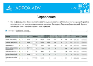 Управление
• Вся информация по баннерам легко доступна, можно легко найти любой интересующий креатив
и посмотреть его показатели в реальном времени. Вы можете быстро добавить новый баннер
или в один клик скопировать уже существующий
 