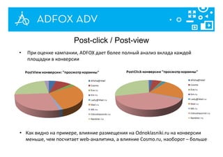 • Как видно на примере, влияние размещения на Odnoklasniki.ru на конверсии
меньше, чем посчитает web-аналитика, а влияние Cosmo.ru, наоборот – больше
Post-click / Post-view
• При оценке кампании, ADFOX дает более полный анализ вклада каждой
площадки в конверсии
 