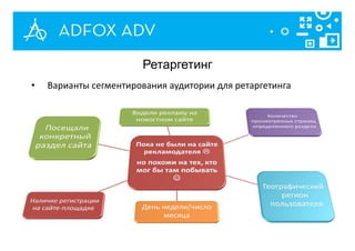 Ретаргетинг
• Варианты сегментирования аудитории для ретаргетинга
 