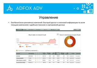 Управление
• Dashboard всех рекламных кампаний: быстрый доступ к ключевой информации по всем
текущим кампаниям с удобным поиском и сортировкой данных
 