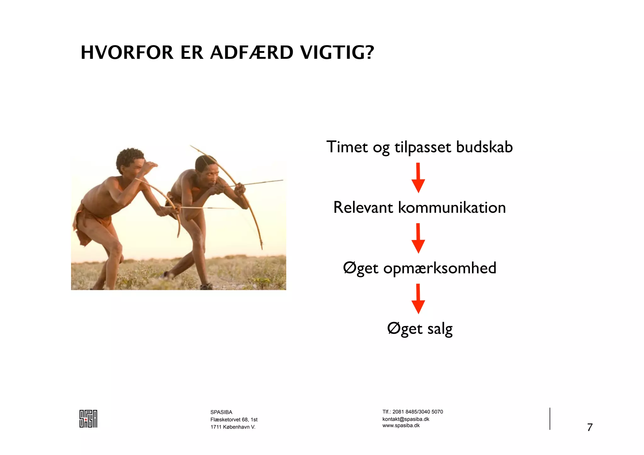 HVORFOR ER ADFÆRD VIGTIG?




                                  Timet og tilpasset budskab


                                  Relevant kommunikation


                                    Øget opmærksomhed


                                          Øget salg



           SPASIBA                       Tlf.: 2081 8485/3040 5070
           Flæsketorvet 68, 1st          kontakt@spasiba.dk
           1711 København V.             www.spasiba.dk
                                                                     7
 