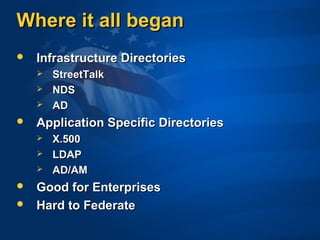 Where it all beganWhere it all began
 Infrastructure DirectoriesInfrastructure Directories
 StreetTalkStreetTalk
 NDSNDS
 ADAD
 Application Specific DirectoriesApplication Specific Directories
 X.500X.500
 LDAPLDAP
 AD/AMAD/AM
 Good for EnterprisesGood for Enterprises
 Hard to FederateHard to Federate
 