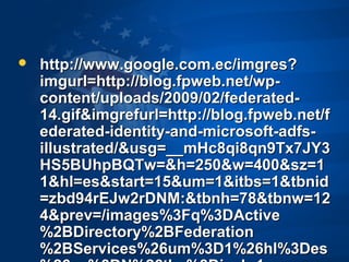 http://www.google.com.ec/imgres?http://www.google.com.ec/imgres?
imgurl=http://blog.fpweb.net/wp-imgurl=http://blog.fpweb.net/wp-
content/uploads/2009/02/federated-content/uploads/2009/02/federated-
14.gif&imgrefurl=http://blog.fpweb.net/f14.gif&imgrefurl=http://blog.fpweb.net/f
ederated-identity-and-microsoft-adfs-ederated-identity-and-microsoft-adfs-
illustrated/&usg=__mHc8qi8qn9Tx7JY3illustrated/&usg=__mHc8qi8qn9Tx7JY3
HS5BUhpBQTw=&h=250&w=400&sz=1HS5BUhpBQTw=&h=250&w=400&sz=1
1&hl=es&start=15&um=1&itbs=1&tbnid1&hl=es&start=15&um=1&itbs=1&tbnid
=zbd94rEJw2rDNM:&tbnh=78&tbnw=12=zbd94rEJw2rDNM:&tbnh=78&tbnw=12
4&prev=/images%3Fq%3DActive4&prev=/images%3Fq%3DActive
%2BDirectory%2BFederation%2BDirectory%2BFederation
%2BServices%26um%3D1%26hl%3Des%2BServices%26um%3D1%26hl%3Des
 