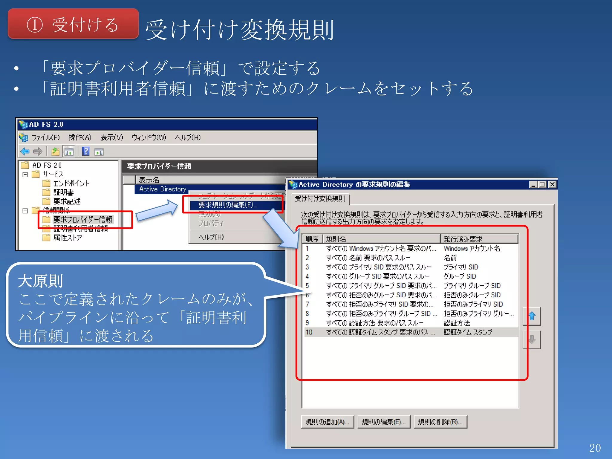 ① 受付ける   受け付け変換規則
• 「要求プロバイダー信頼」で設定する
• 「証明書利用者信頼」に渡すためのクレームをセットする




大原則
ここで定義されたクレームのみが、
パイプラインに沿って「証明書利
用信頼」に渡される




                               20
 