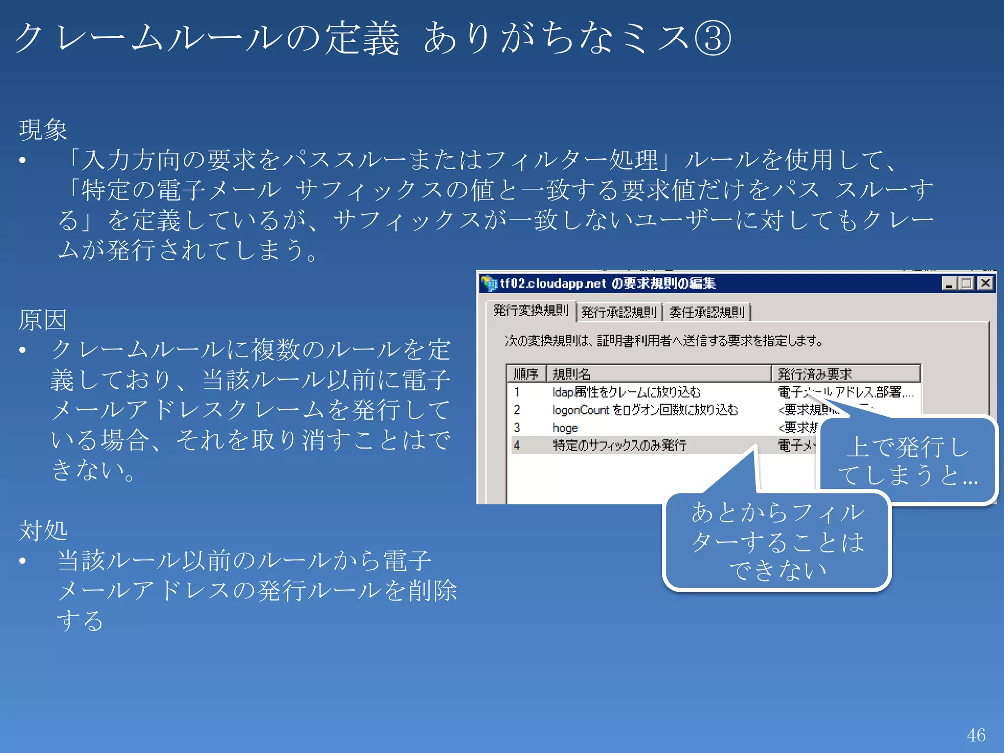 クレームルールの定義 ありがちなミス③

現象
• 「入力方向の要求をパススルーまたはフィルター処理」ルールを使用して、
  「特定の電子メール サフィックスの値と一致する要求値だけをパス スルーす
  る」を定義しているが、サフィックスが一致しないユーザーに対してもクレー
  ムが発行されてしまう。

原因
• クレームルールに複数のルールを定
  義しており、当該ルール以前に電子
  メールアドレスクレームを発行して
  いる場合、それを取り消すことはで                上で発行し
  きない。                            てしまうと…
                           あとからフィル
対処                         ターすることは
• 当該ルール以前のルールから電子            できない
  メールアドレスの発行ルールを削除
  する



                                         46
 