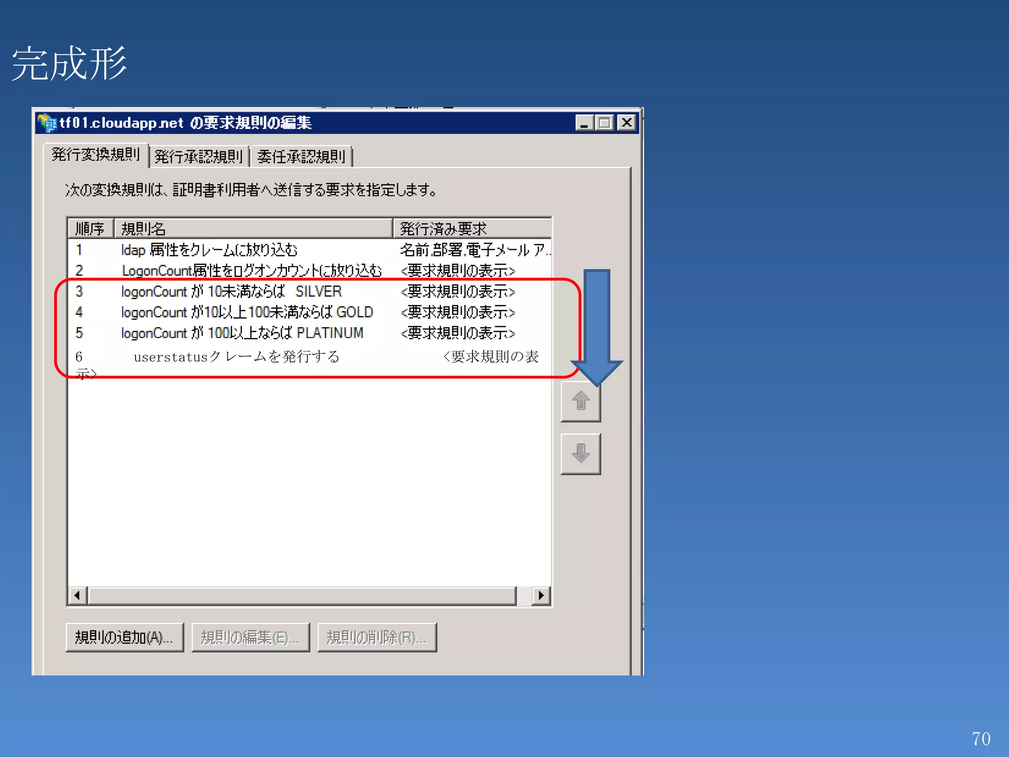 完成形




 6    userstatusクレームを発行する   <要求規則の表
 示>




                                      70
 