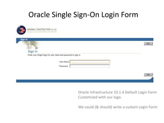 Oracle Single Sign-On Login Form
Oracle Infrastructure 10.1.4 Default Login Form
Customized with our logo.
We could (& should) write a custom Login Form
 