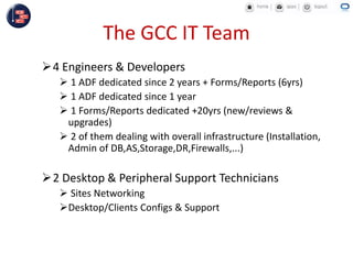 The GCC IT Team
4 Engineers & Developers
 1 ADF dedicated since 2 years + Forms/Reports (6yrs)
 1 ADF dedicated since 1 year
 1 Forms/Reports dedicated +20yrs (new/reviews &
upgrades)
 2 of them dealing with overall infrastructure (Installation,
Admin of DB,AS,Storage,DR,Firewalls,...)
2 Desktop & Peripheral Support Technicians
 Sites Networking
Desktop/Clients Configs & Support
 