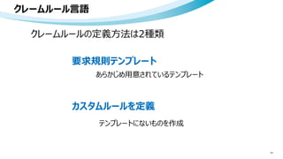クレームルール言語
17
クレームルールの定義方法は2種類
要求規則テンプレート
カスタムルールを定義
あらかじめ用意されているテンプレート
テンプレートにないものを作成
 
