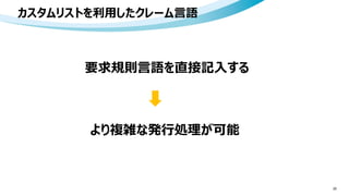 カスタムリストを利用したクレーム言語
20
要求規則言語を直接記入する
より複雑な発行処理が可能
 