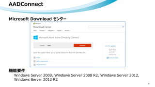 AADConnect
37
Microsoft Download センター
機能要件
Windows Server 2008, Windows Server 2008 R2, Windows Server 2012,
Windows Server 2012 R2
 