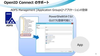 53
ADFS
OpenID Connect のサポート
ADFS Management [Application Groups]へアプリケーションの登録
App
PowerShellのみでなく
GUIでも登録可能に！
 