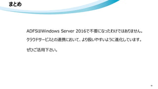 まとめ
56
クラウドサービスとの連携において、より扱いやすいように進化しています。
ADFSはWindows Server 2016で不要になったわけではありません。
ぜひご活用下さい。
 