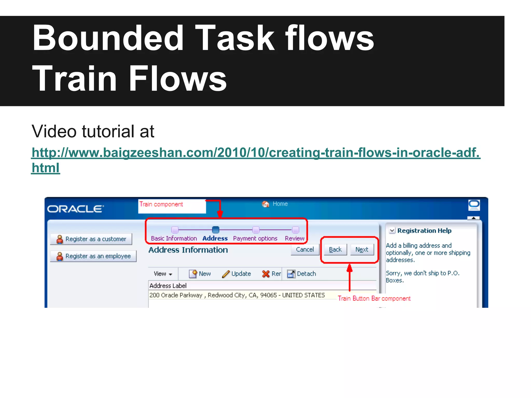 Bounded Task flows Train Flows Video tutorial at http://www.baigzeeshan.com/2010/10/creating-train-flows-in-oracle-adf. html 