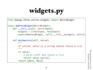 widgets.py
from django.forms.extras.widgets import MultiWidget

class AddressWidget(MultiWidget):
    def __init__(self, a...