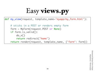 Easy views.py
def my_view(request, template_name='myapp/my_form.html'):

   # sticks in a POST or renders empty form
   fo...