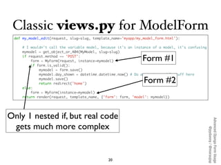Classic views.py for ModelForm
 def my_model_edit(request, slug=slug, template_name='myapp/my_model_form.html'):

    # I ...