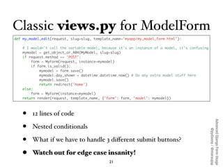 Classic views.py for ModelForm
def my_model_edit(request, slug=slug, template_name='myapp/my_model_form.html'):

   # I wo...