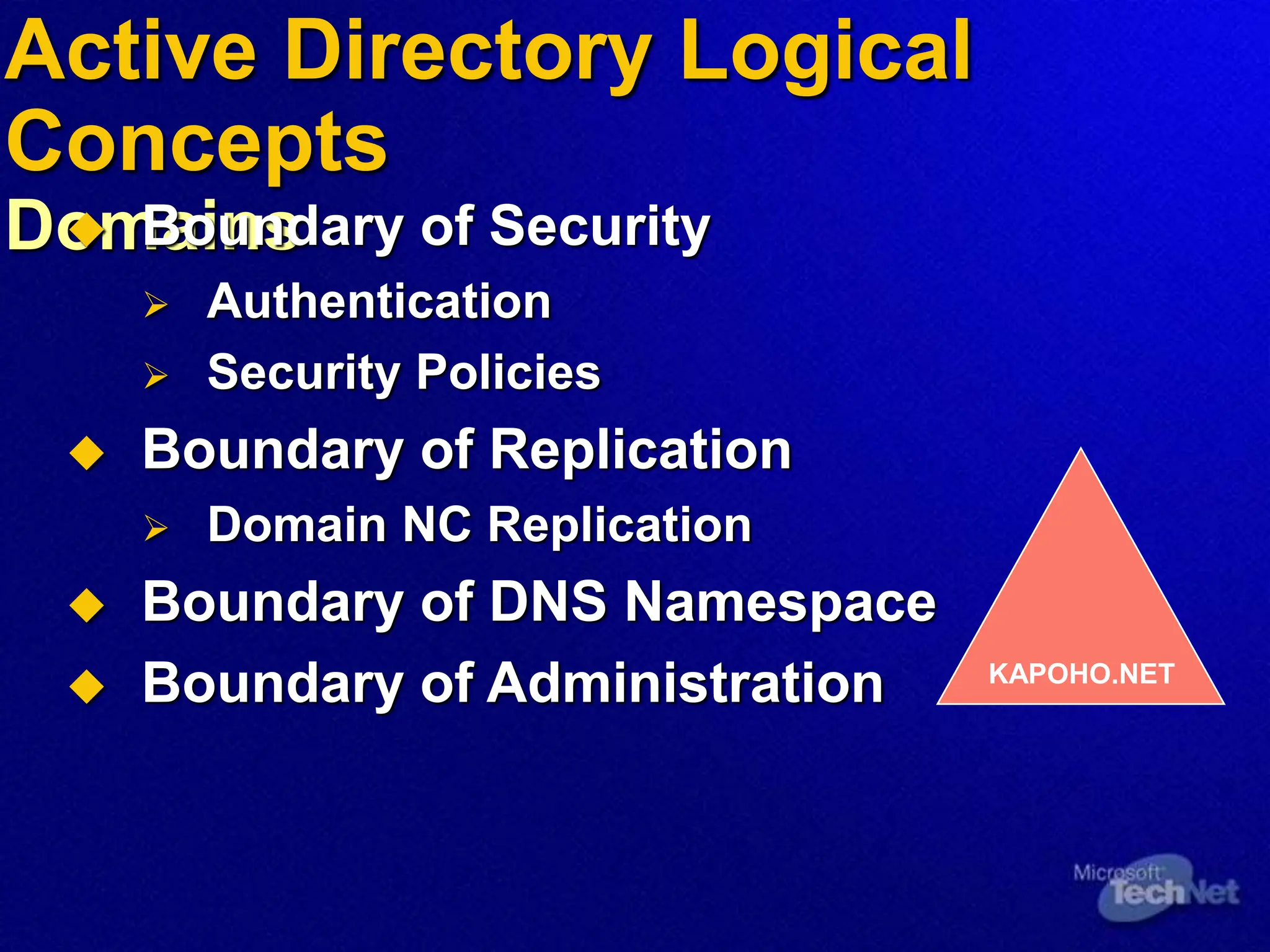 Active Directory Logical
Concepts
Domains
 Boundary of Security
 Authentication
 Security Policies
 Boundary of Replication
 Domain NC Replication
 Boundary of DNS Namespace
 Boundary of Administration KAPOHO.NET
 